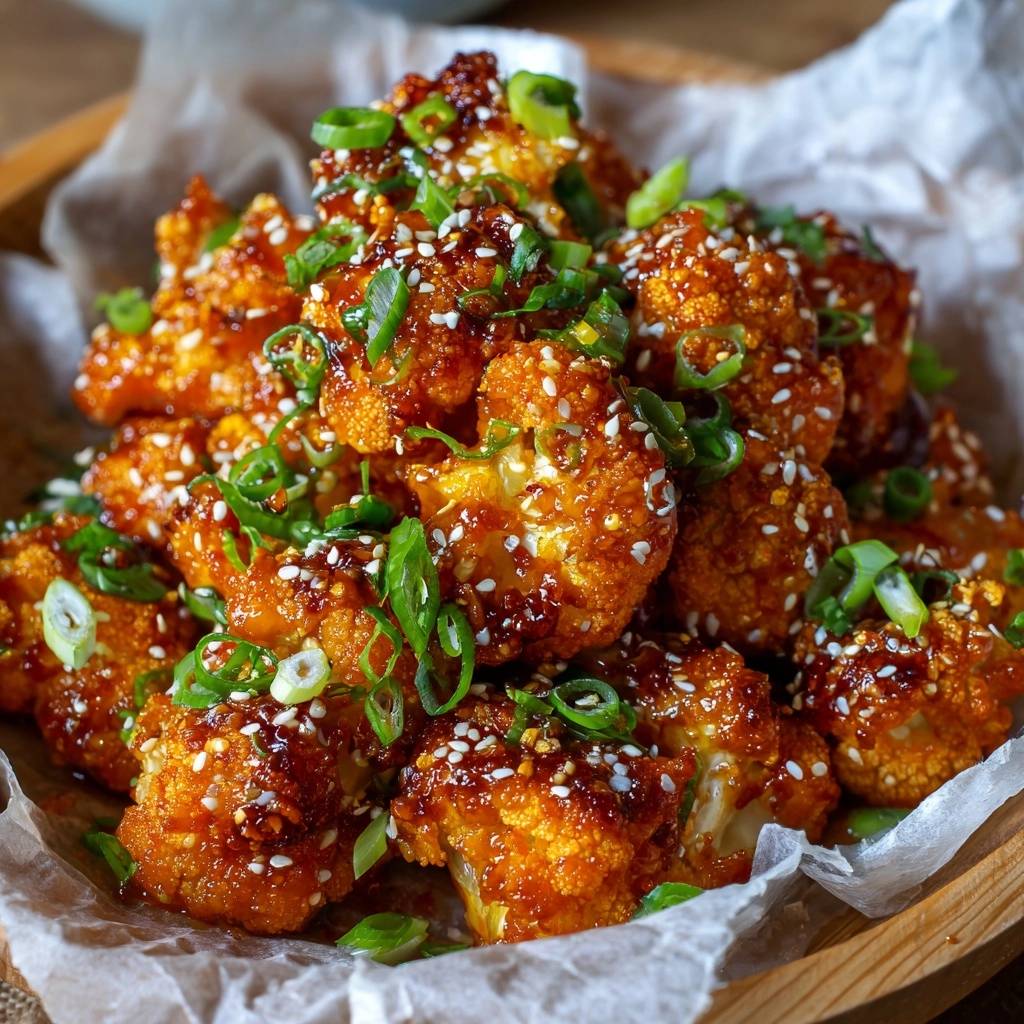 Knusprige sticky-blumenkohl-bites mit Sesam und Frühlingszwiebeln garniert in einer Holzschale.
