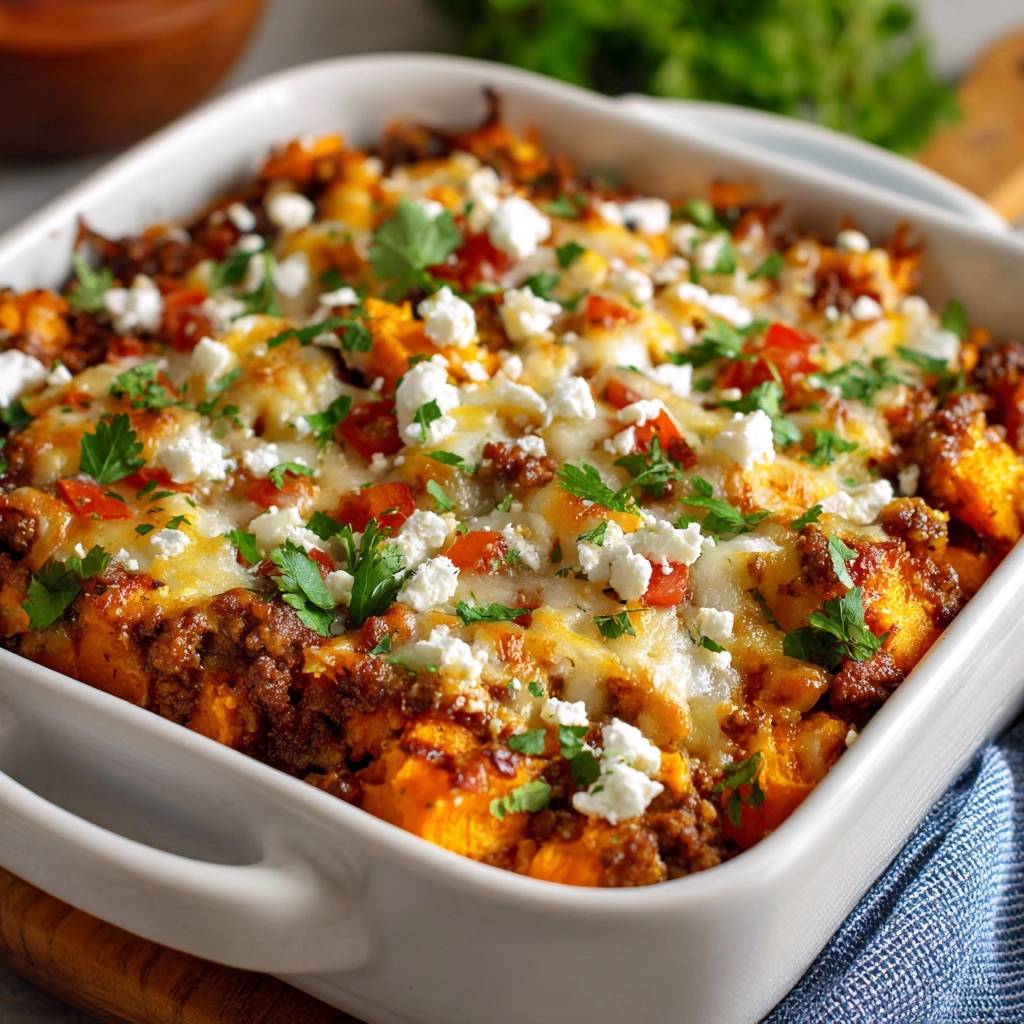 Herzhafter Süßkartoffel-Hack-Auflauf, frisch aus dem Ofen und mit Käse, Tomaten und frischer Petersilie garniert.