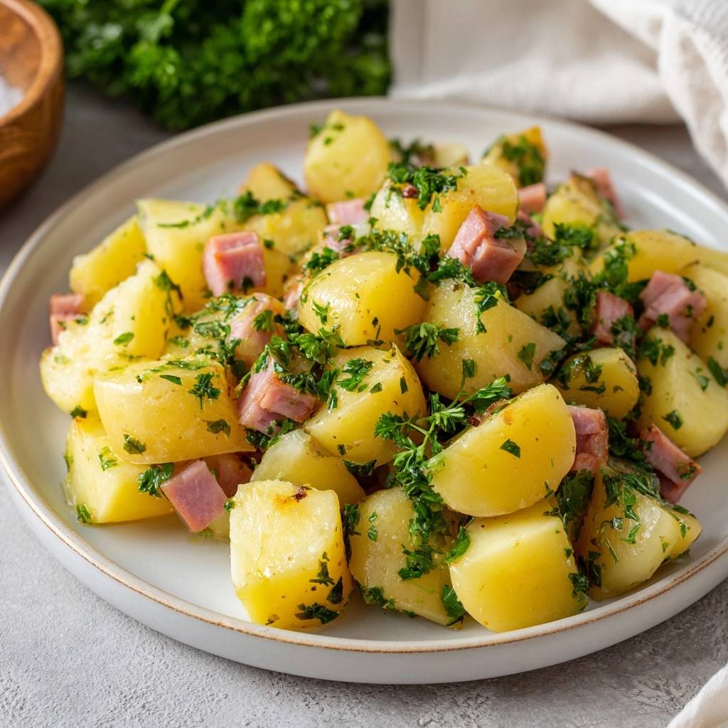 Warmer Kartoffelsalat Mit Speck Nahaufnahme 1 Warmer Kartoffelsalat mit Speck, eine Nahaufnahme des Gerichts mit Kartoffelstücken und gehackter Petersilie auf einem Teller.