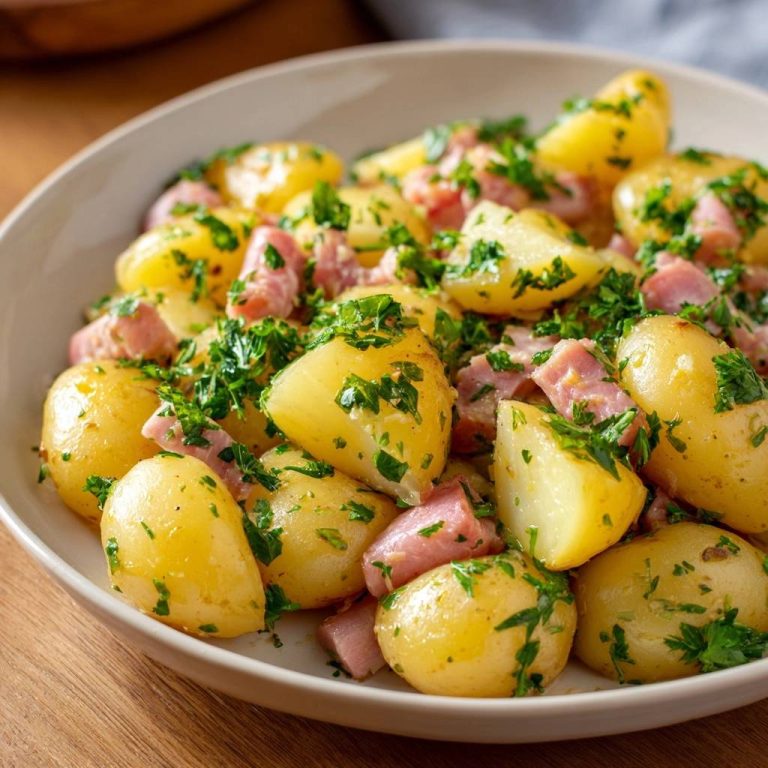 Warmer Kartoffelsalat mit Speck, eine Nahaufnahme der Kartoffelstücke mit Speckwürfeln und frisch gehackter Petersilie garniert.