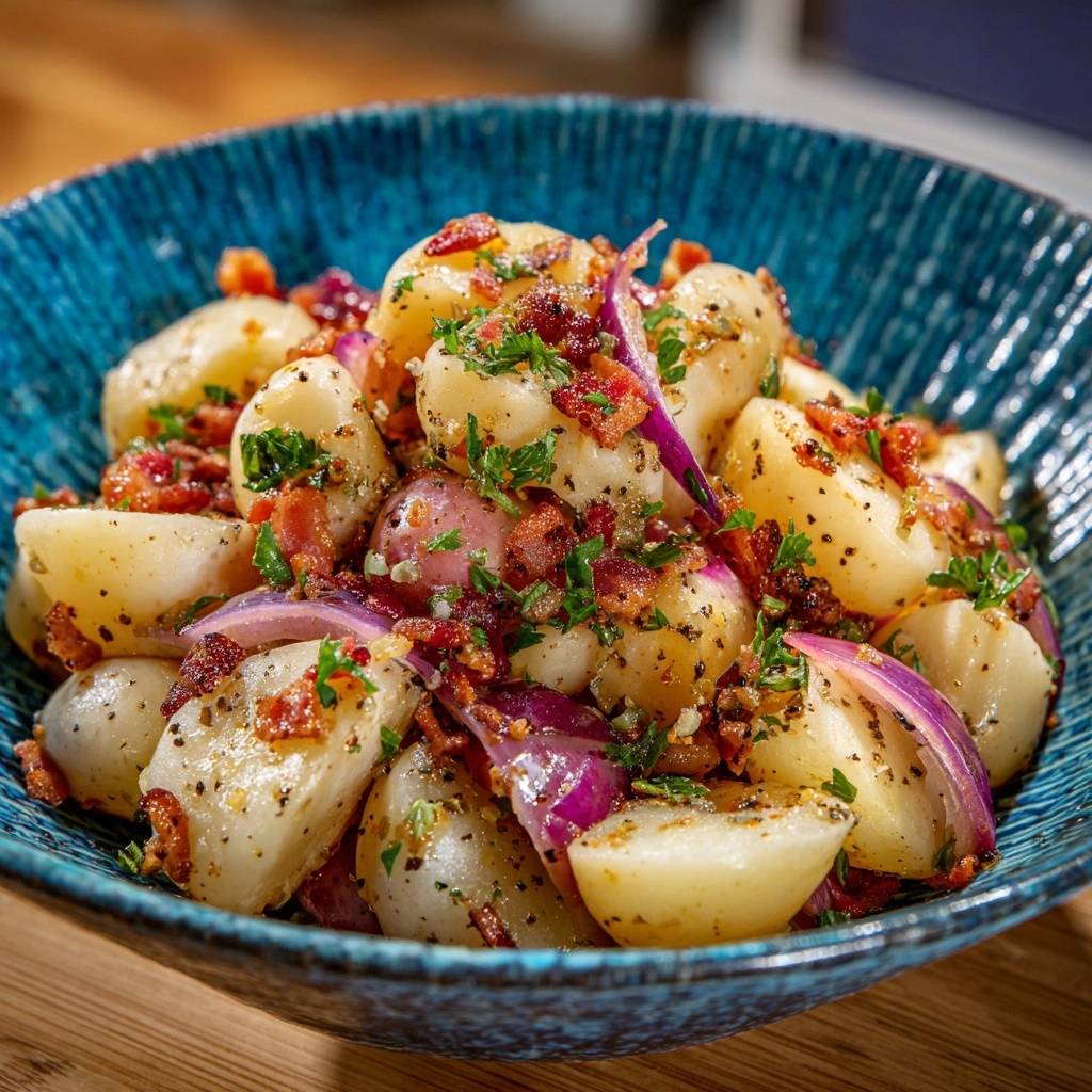 Warmer Kartoffelsalat Mit Speck Und Roten Zwiebeln Detail Na 1 Warmer Kartoffelsalat mit Speck und roten Zwiebeln, detailreiche Nahaufnahme der Zutaten mit Petersilie und Gewürzen.