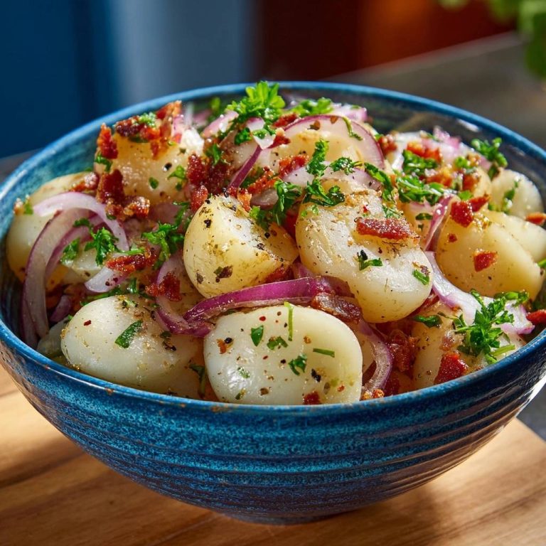 Warmer Kartoffelsalat mit Speck und roten Zwiebeln als Nahaufnahme in einer blauen Schüssel garniert mit Petersilie.