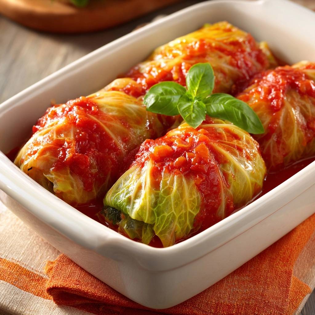 Wirsingrouladen In Tomatensoe Nahaufnahme In Auflaufform 1 Klassische Wirsingrouladen in Tomatensoße, serviert in einer weißen Auflaufform mit frischem Basilikum garniert.