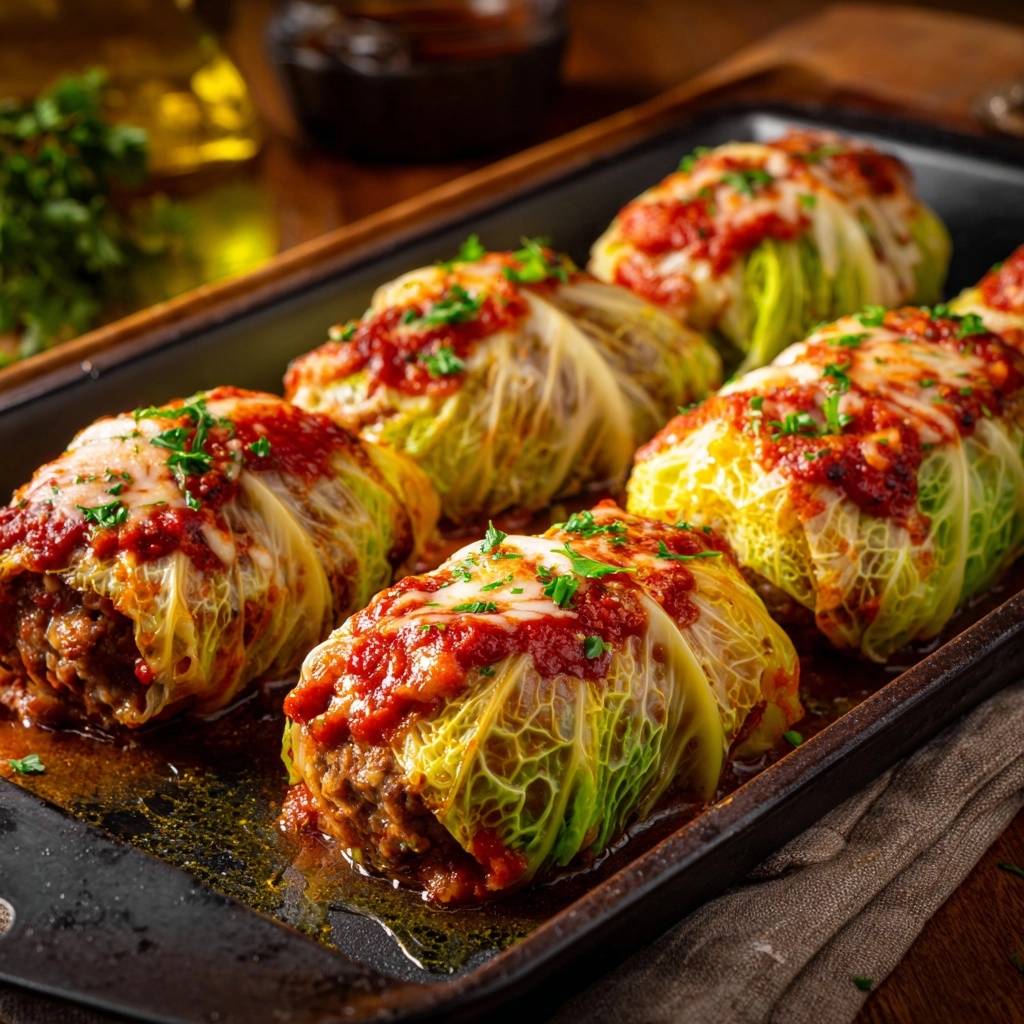 Wirsingrouladen Mit Tomatenkaesekruste Detail Garniert 1 Herzhafte Wirsingrouladen mit Tomaten-Käsekruste, detailreich mit frischer Petersilie garniert in einer Bratpfanne