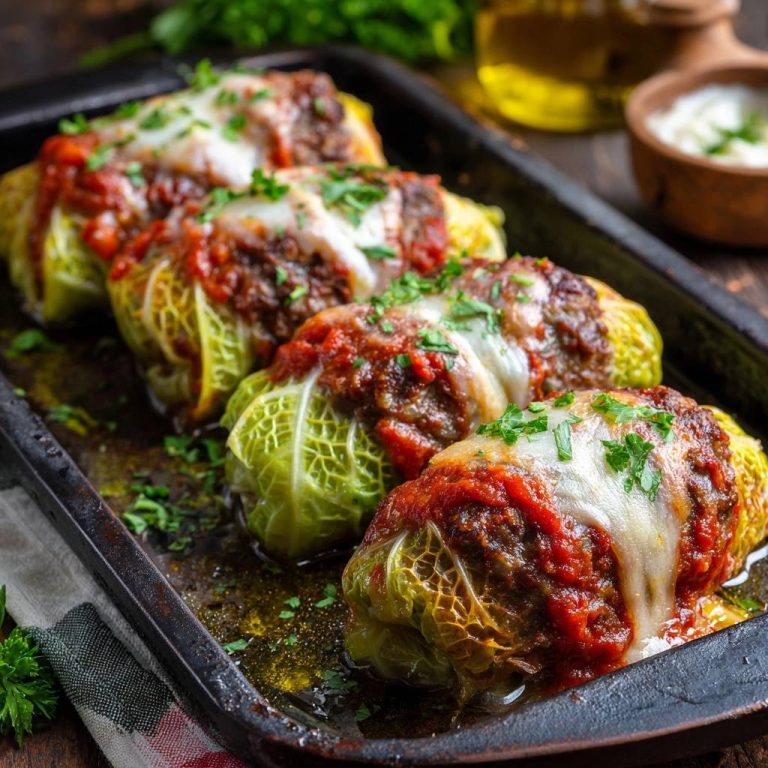 Herzhafte Wirsingrouladen mit Tomaten-Käsekruste, nah aufgenommen auf einem Backblech mit geschmolzenem Käse und Petersilie.