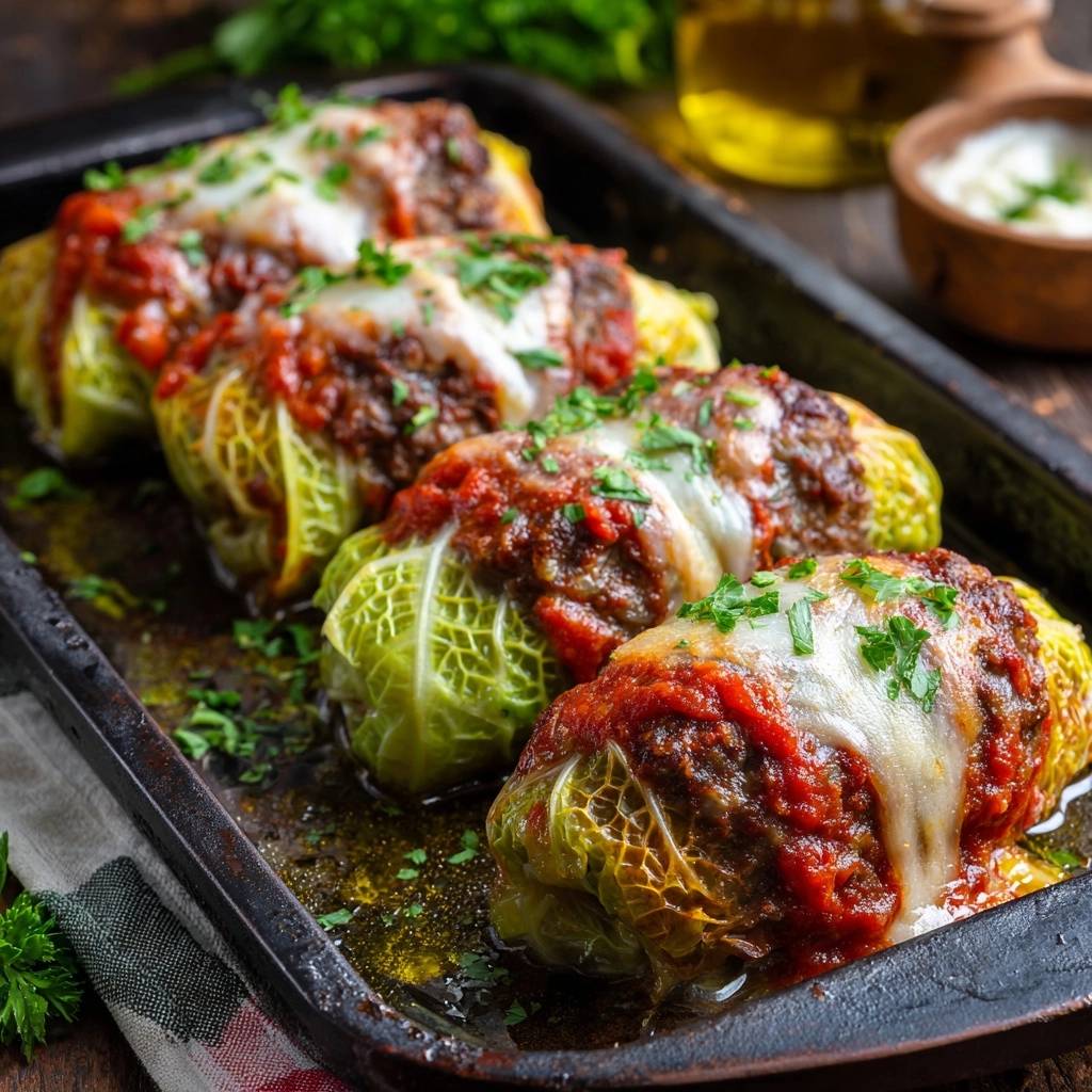 Herzhafte Wirsingrouladen mit Tomaten-Käsekruste, nah aufgenommen auf einem Backblech mit geschmolzenem Käse und Petersilie.