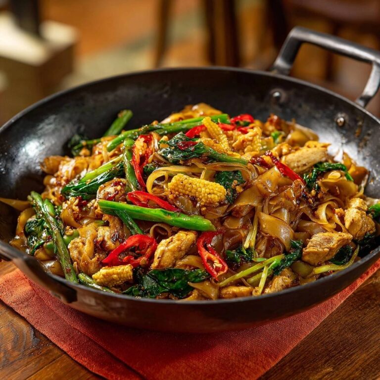 Wok-Nudeln mit Hähnchen und Gemüse frisch zubereitet im Wok, mit Babymais und Chilischoten.