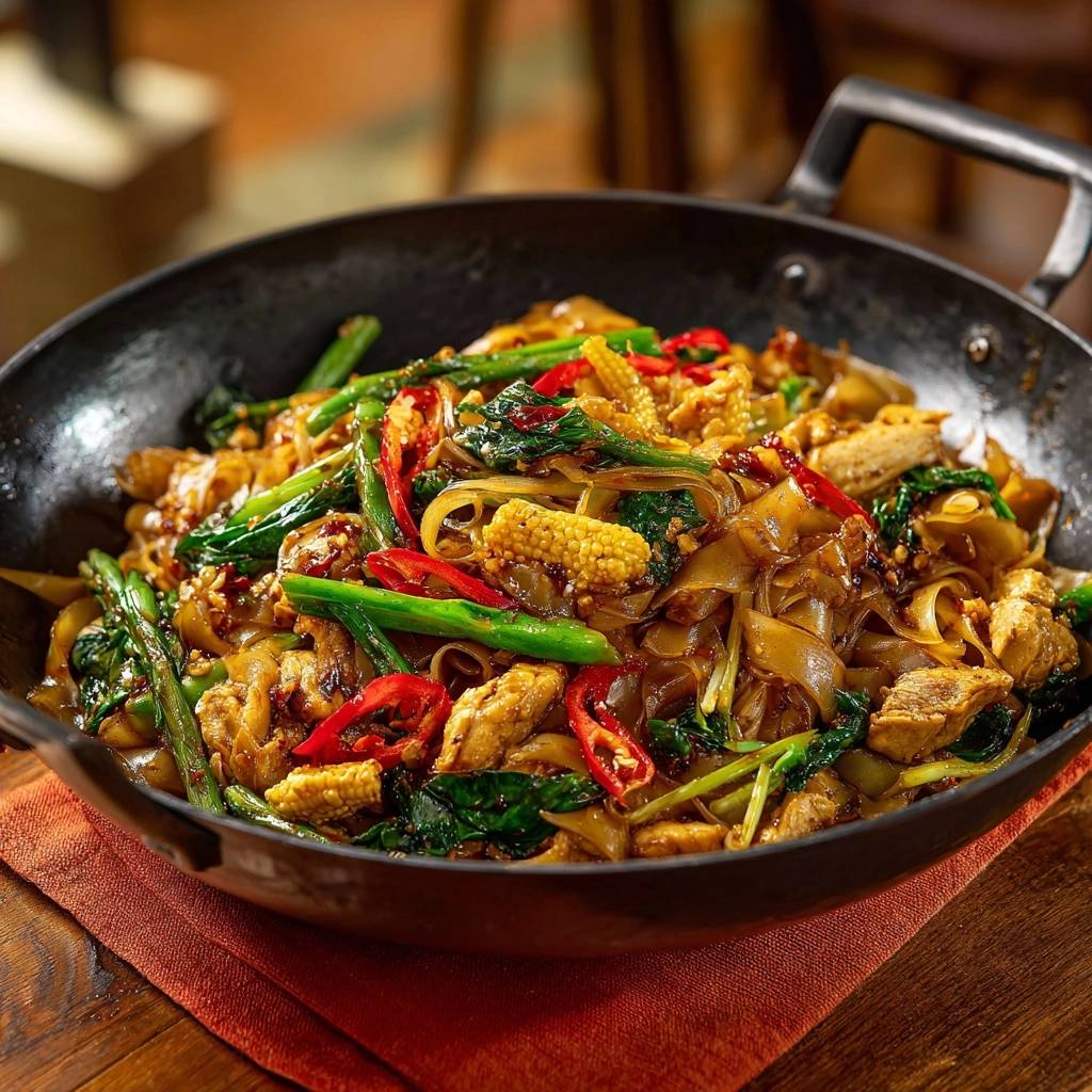 Wok-Nudeln mit Hähnchen und Gemüse frisch zubereitet im Wok, mit Babymais und Chilischoten.