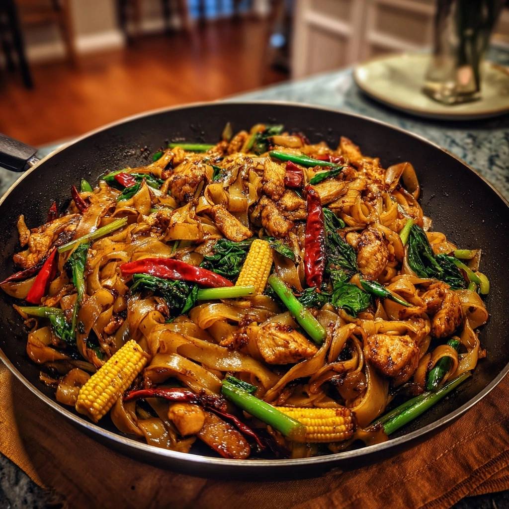 Wok Nudeln Mit Haehnchen Detail Ansicht 1 Wok-Nudeln mit Hähnchen und Gemüse in einer Pfanne mit einer Nahaufnahme der Zutaten und der Sauce.