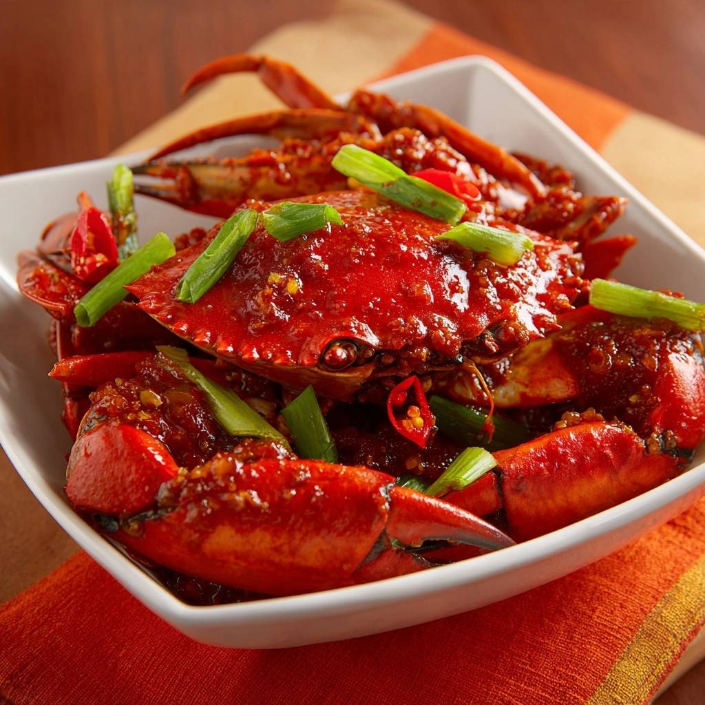 Würzige Chili-Krabben mit frischen Frühlingszwiebeln und Chilischoten als Nahaufnahme garniert.