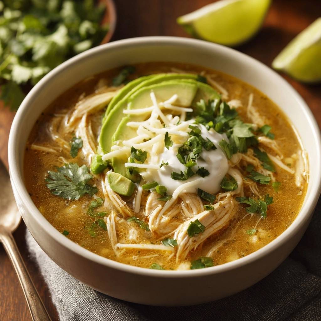 Würzige Limetten-Hähnchensuppe serviert in einer Schüssel, garniert mit frischer Avocado, Käse und Koriander.