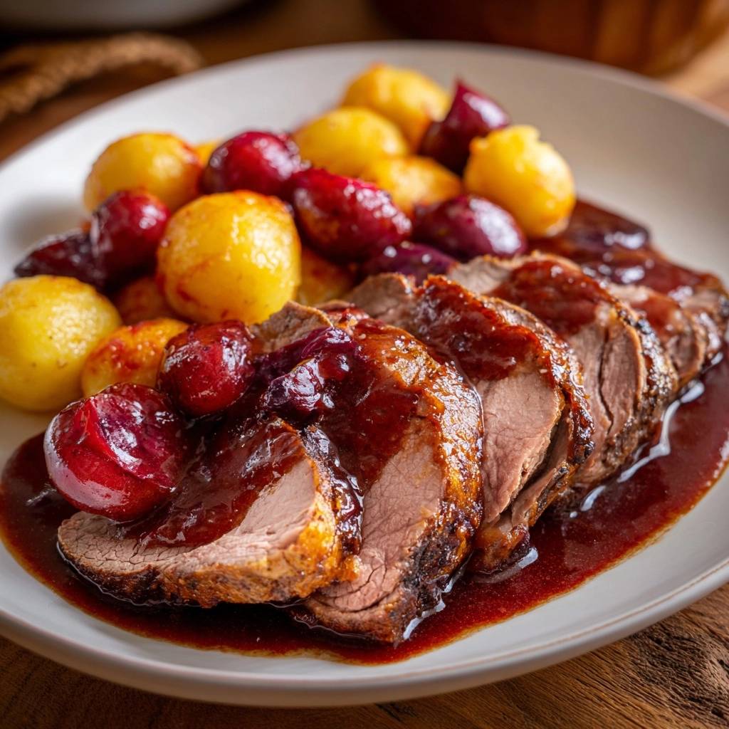Zarter Rinderbraten Kirsch Rotwein Sauce Angeschnitten 1 Zarter Rinderbraten mit Kirsch-Rotwein-Sauce, angeschnitten mit Beilagen und Sauce, Nahaufnahme.