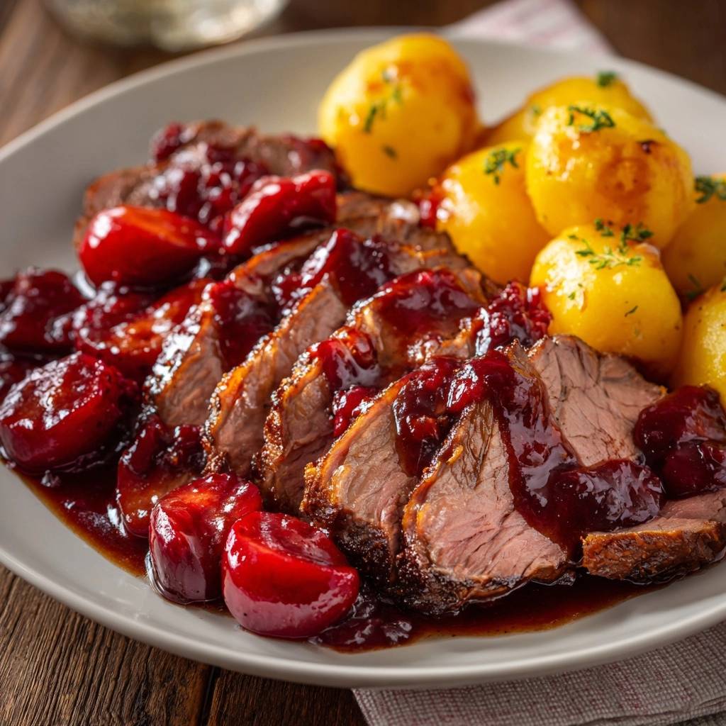Zarter Rinderbraten mit Kirsch-Rotwein-Sauce, angeschnitten auf einem Teller mit Kartoffeln und Sauce serviert.