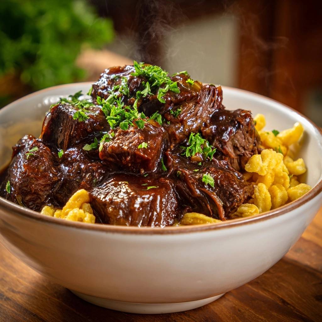 Zartes Rindergulasch Mit Spaetzle Detail Garniert 1 Zartes Rindergulasch mit Spätzle, garniert mit frischer Petersilie in einer Schüssel auf einem Holztisch.