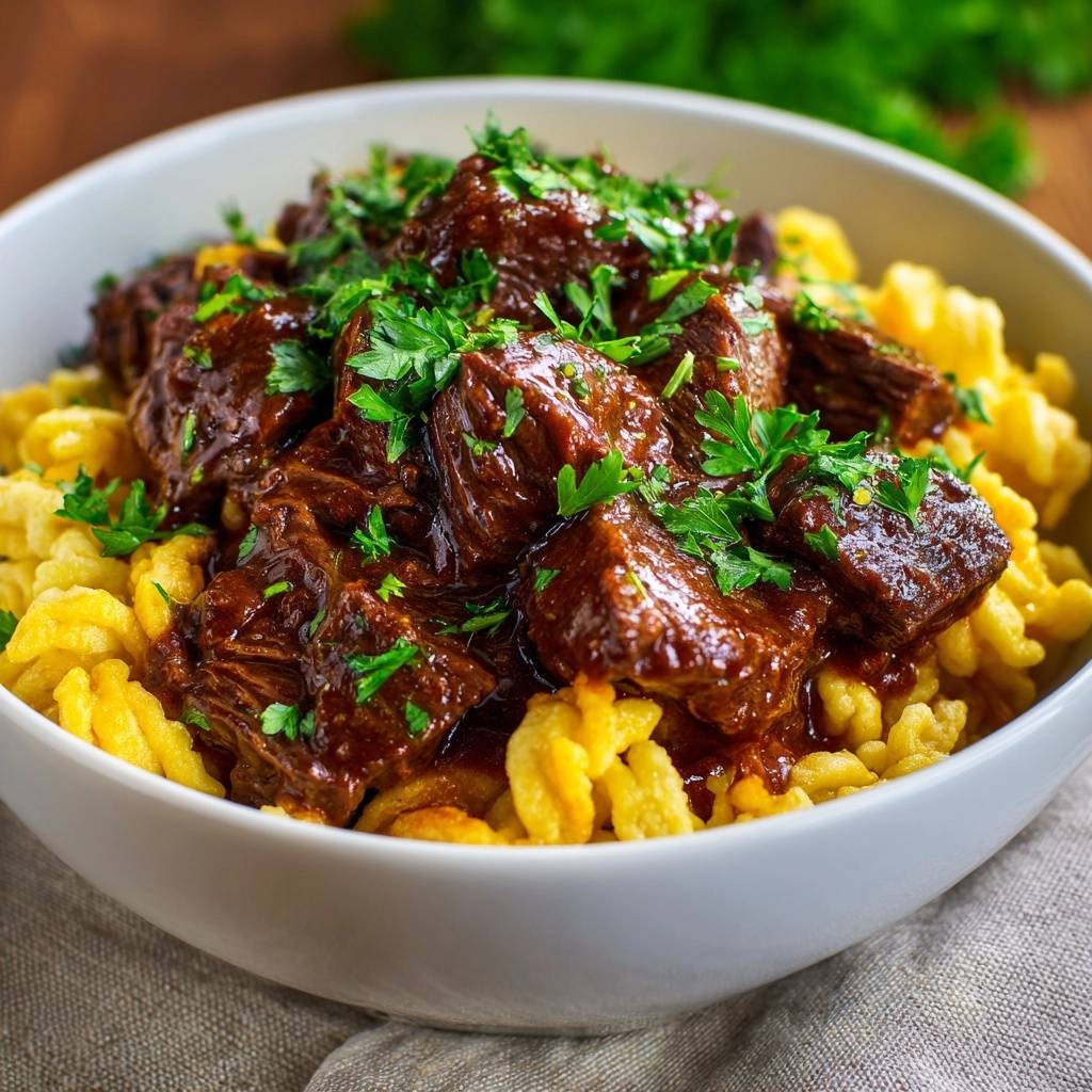 Zartes Rindergulasch mit Spätzle, nah aufgenommen und mit frischer Petersilie garniert, in einer weißen Schüssel serviert.
