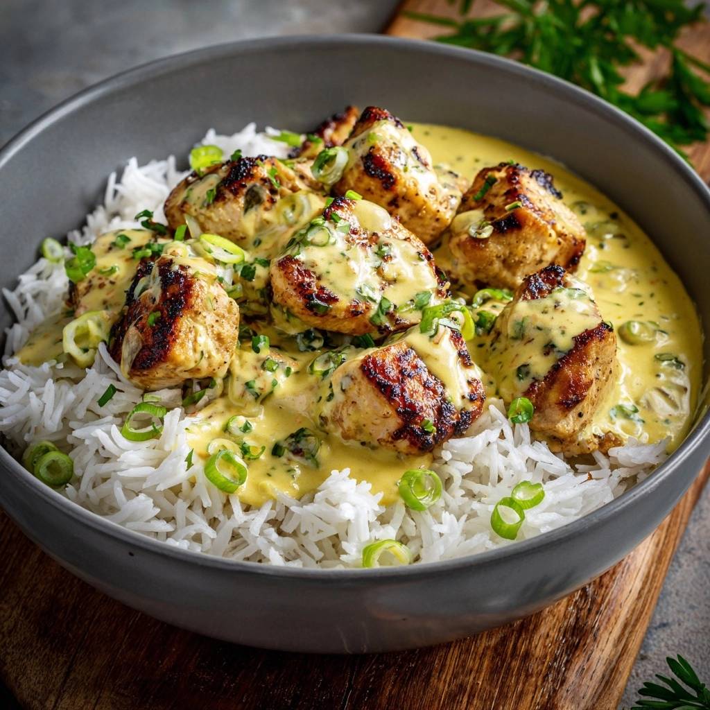 Cremiges Zitronen-Curry-Hähnchen serviert mit Reis und garniert mit Frühlingszwiebeln, Nahaufnahme der saftigen Sauce.