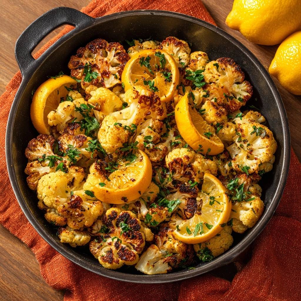 Zitronen-Knoblauch-Blumenkohl aus der Pfanne, knusprig gebraten und mit frischer Petersilie und Zitronenspalten garniert.