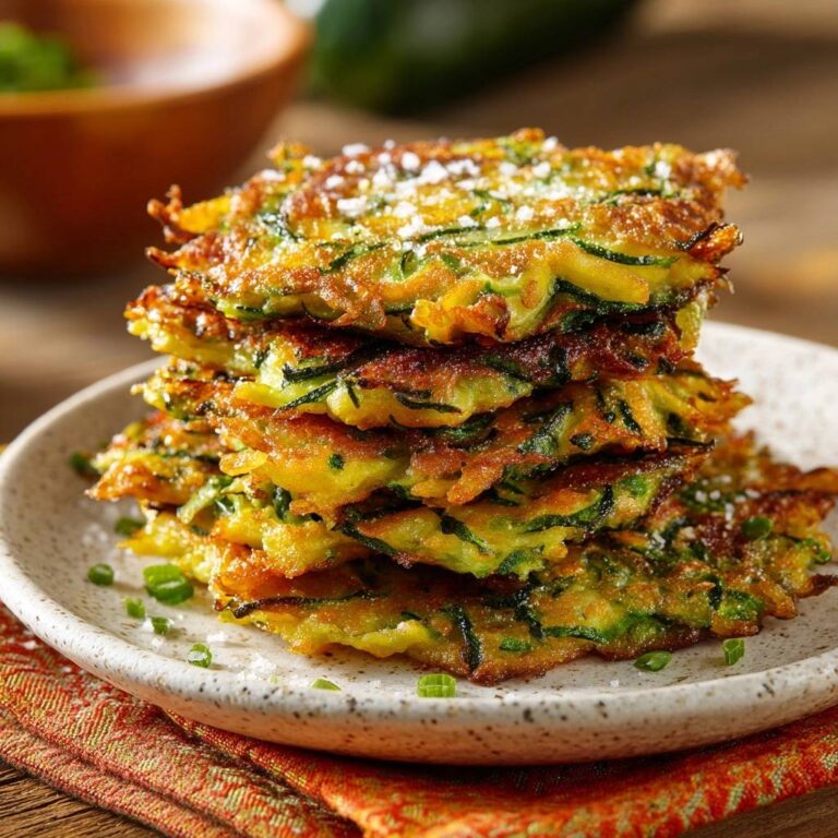 Goldbraune Zucchini-Puffer, extrem knusprig, gestapelt auf einem Teller mit Frühlingszwiebeln und Parmesan garniert.
