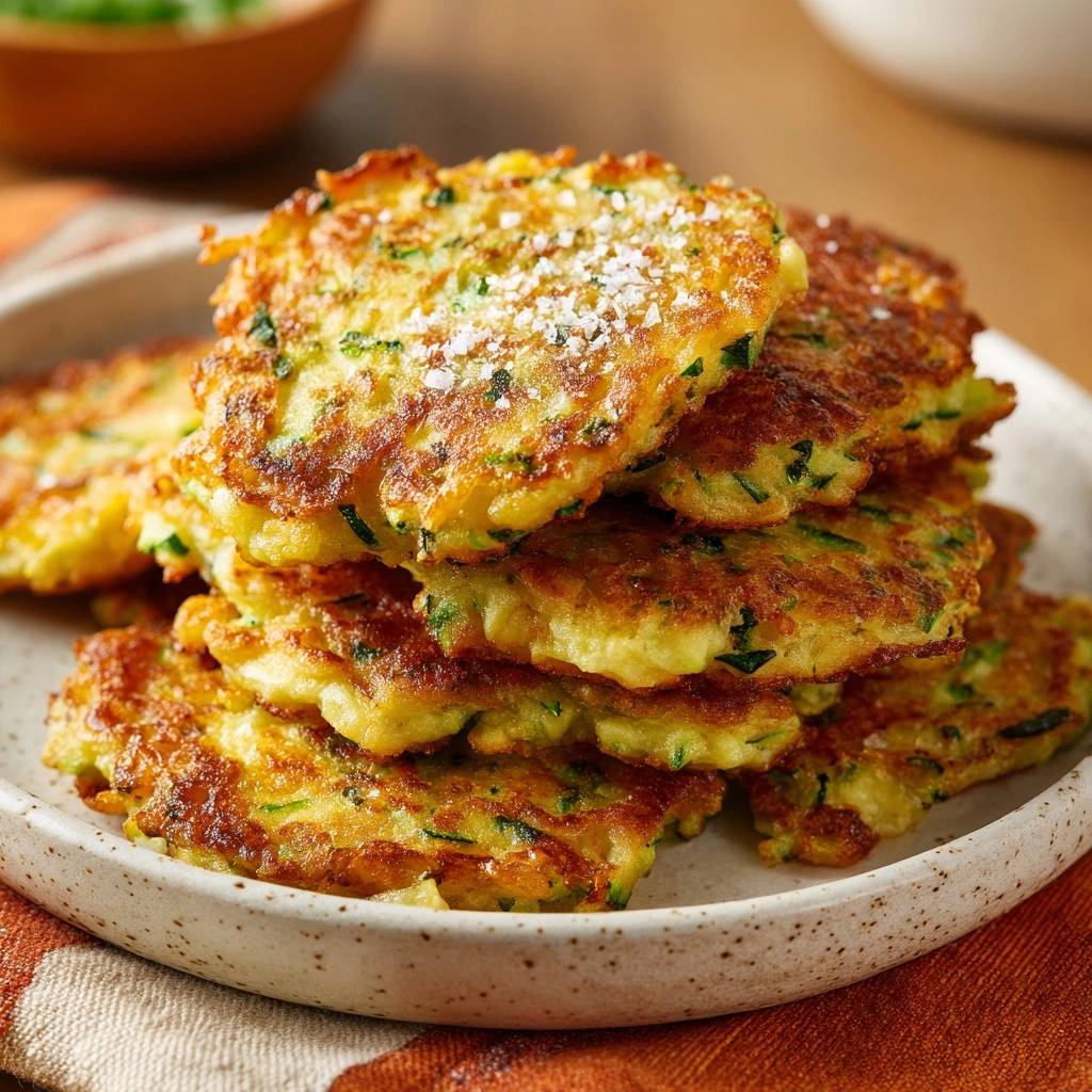 Zucchini Puffer Stapel Nahaufnahme 1 Goldbraune Zucchini-Puffer werden knusprig und als Stapel nah aufgenommen, mit Meersalz bestreut.