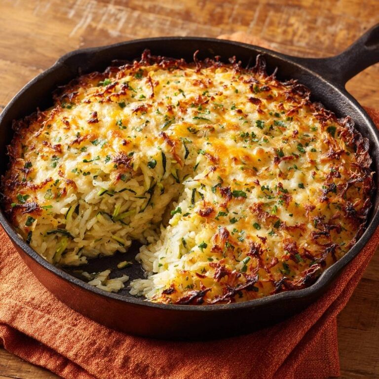 Herzhafter Zucchini-Reis-Auflauf angeschnitten in einer gusseisernen Pfanne, mit geschmolzenem Käse und Kräutern garniert.