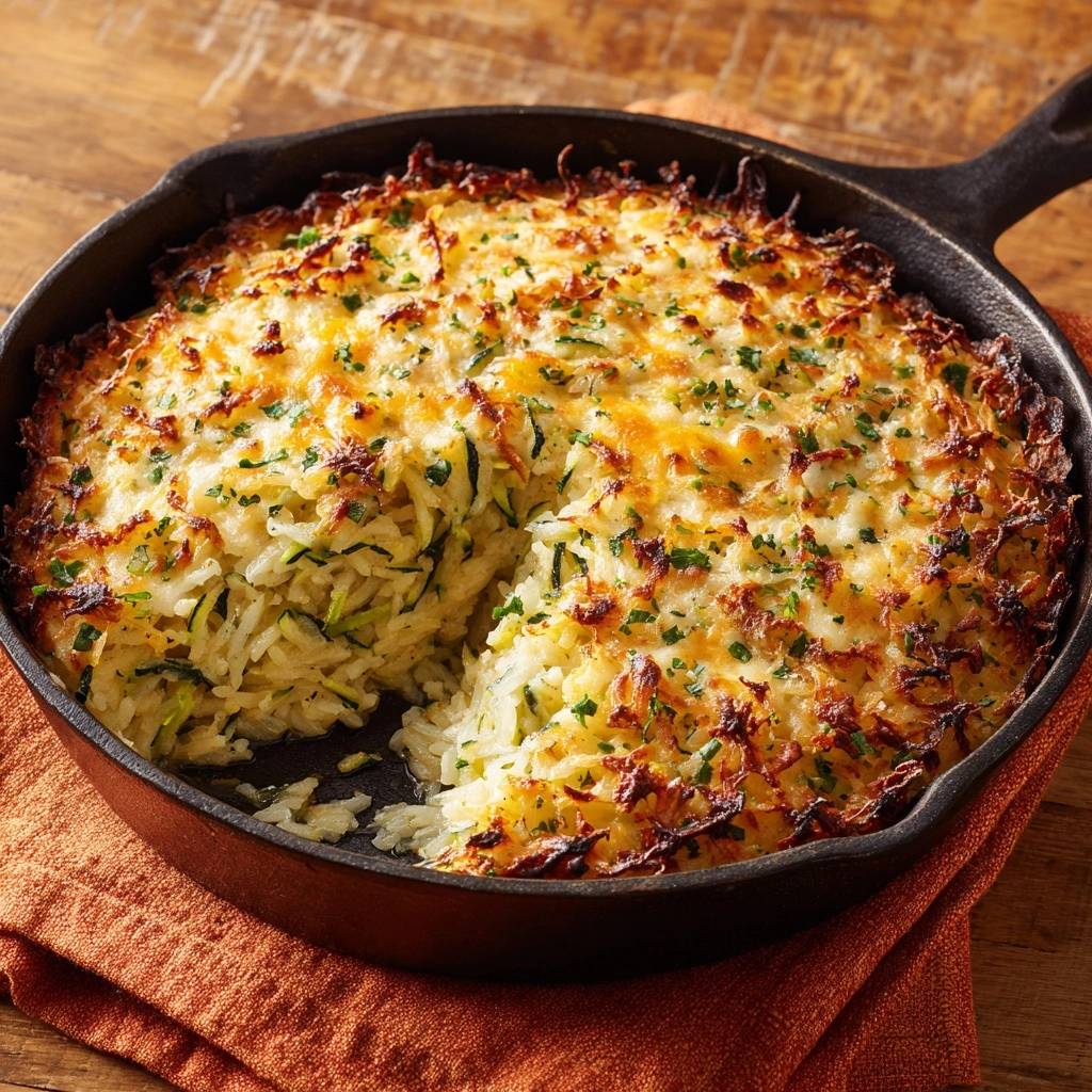 Herzhafter Zucchini-Reis-Auflauf angeschnitten in einer gusseisernen Pfanne, mit geschmolzenem Käse und Kräutern garniert.