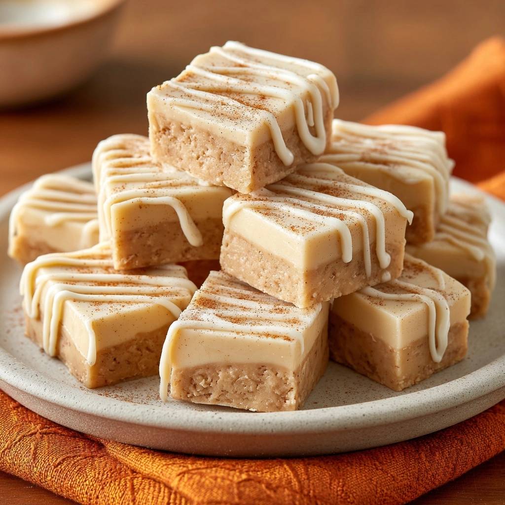 Zweischichtiges Zimt-Zucker-Fudge auf einem Teller gestapelt und mit Zuckerguss und Zimt garniert.