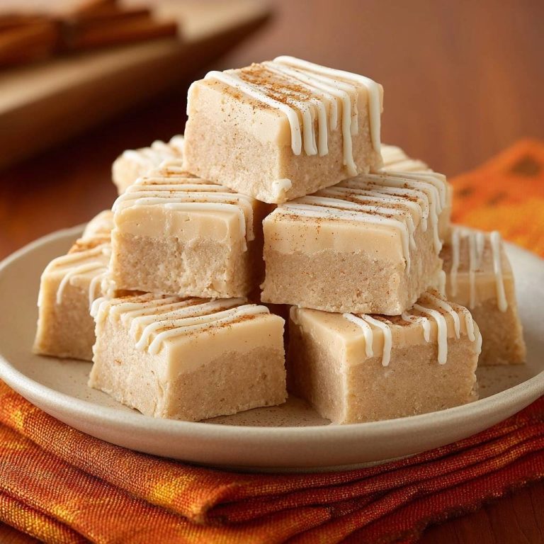 Zweischichtiges Zimt-Zucker-Fudge als Stapel auf einem Teller mit weißer Glasur und Zimt bestreut.