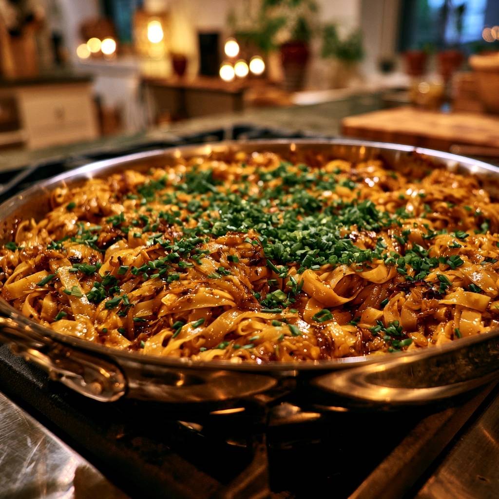 Herzhafte Eiernudel-Pfanne mit karamellisierten Zwiebeln