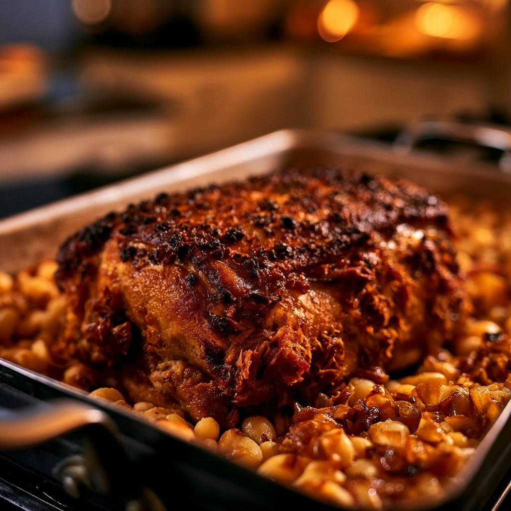 Saftiger Krustenbraten auf Bohnenbett