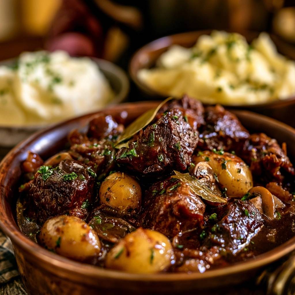 Herzhaftes Rindergulasch mit Champignons und Röstzwiebeln