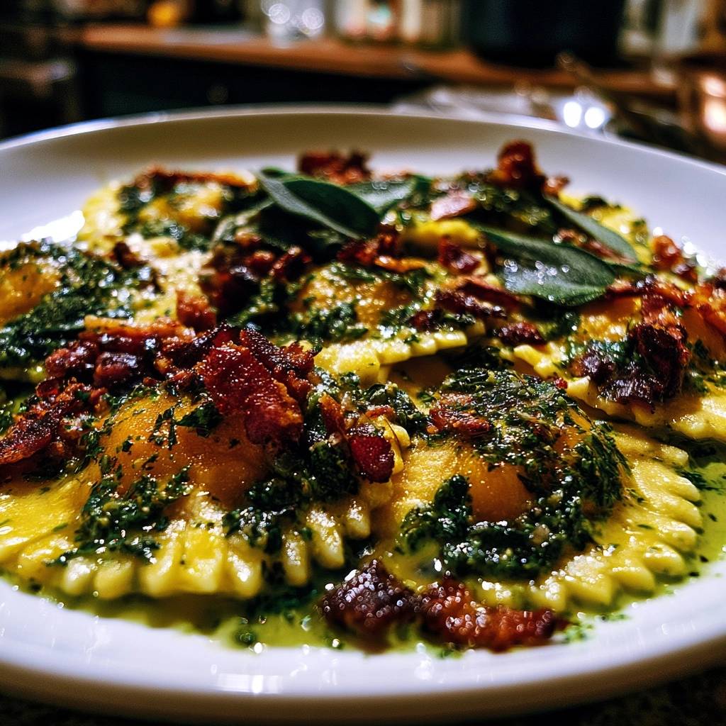 Kürbis-Ravioli mit Salbei-Pesto und Bacon