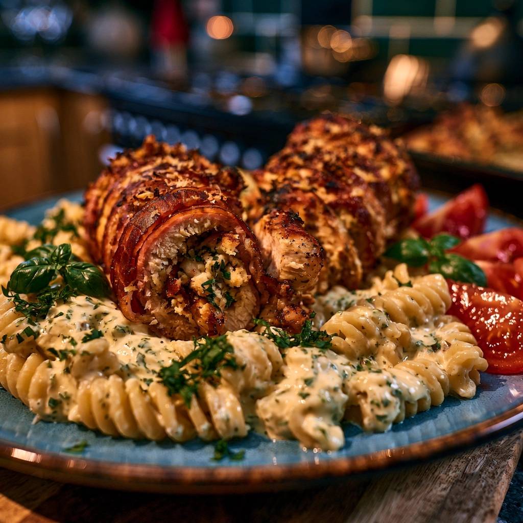 Gefüllte Hähnchenrolle im Baconmantel