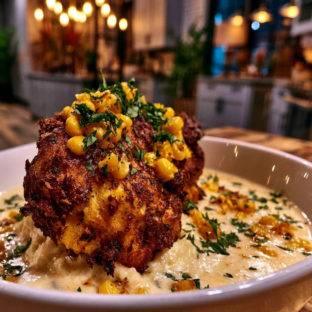 Knuspriges Mais-Hähnchen auf cremiger Sauce