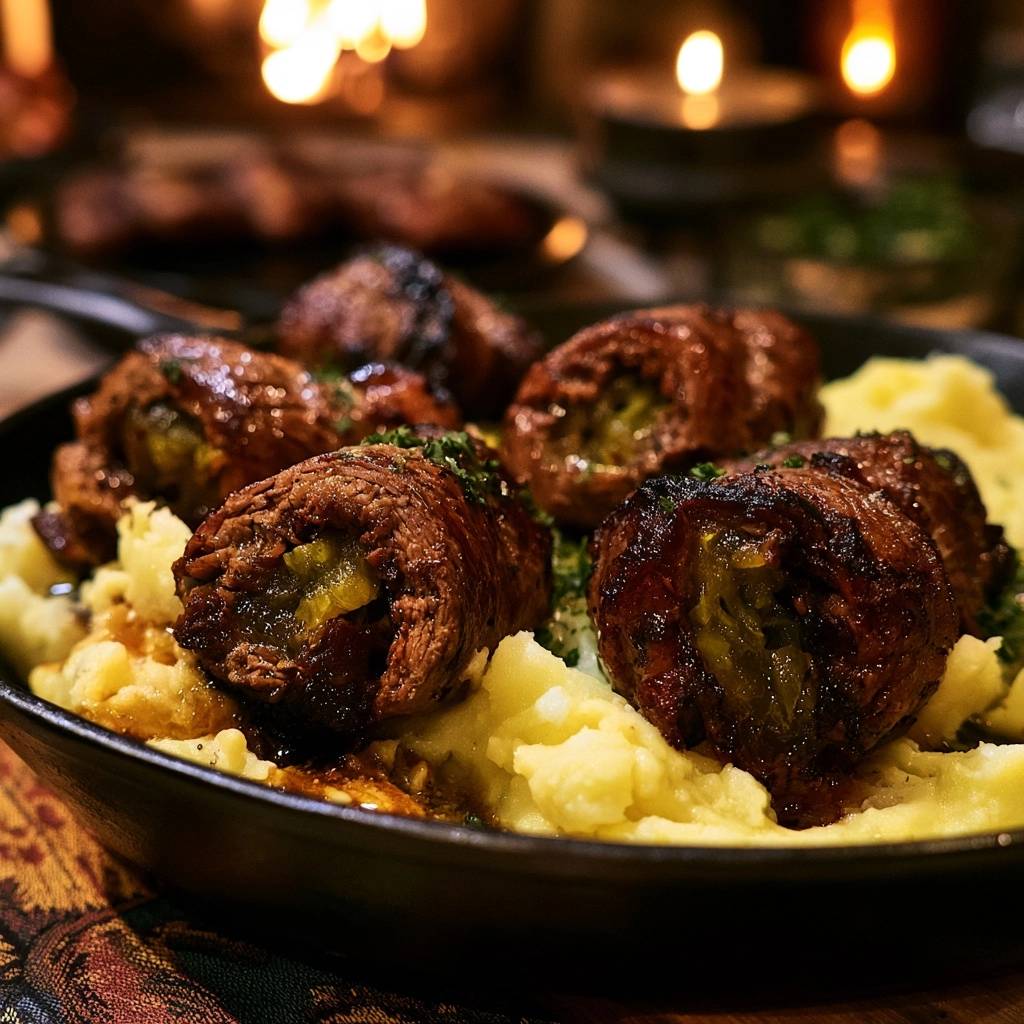 Klassische Rinderrouladen auf Kartoffelstampf