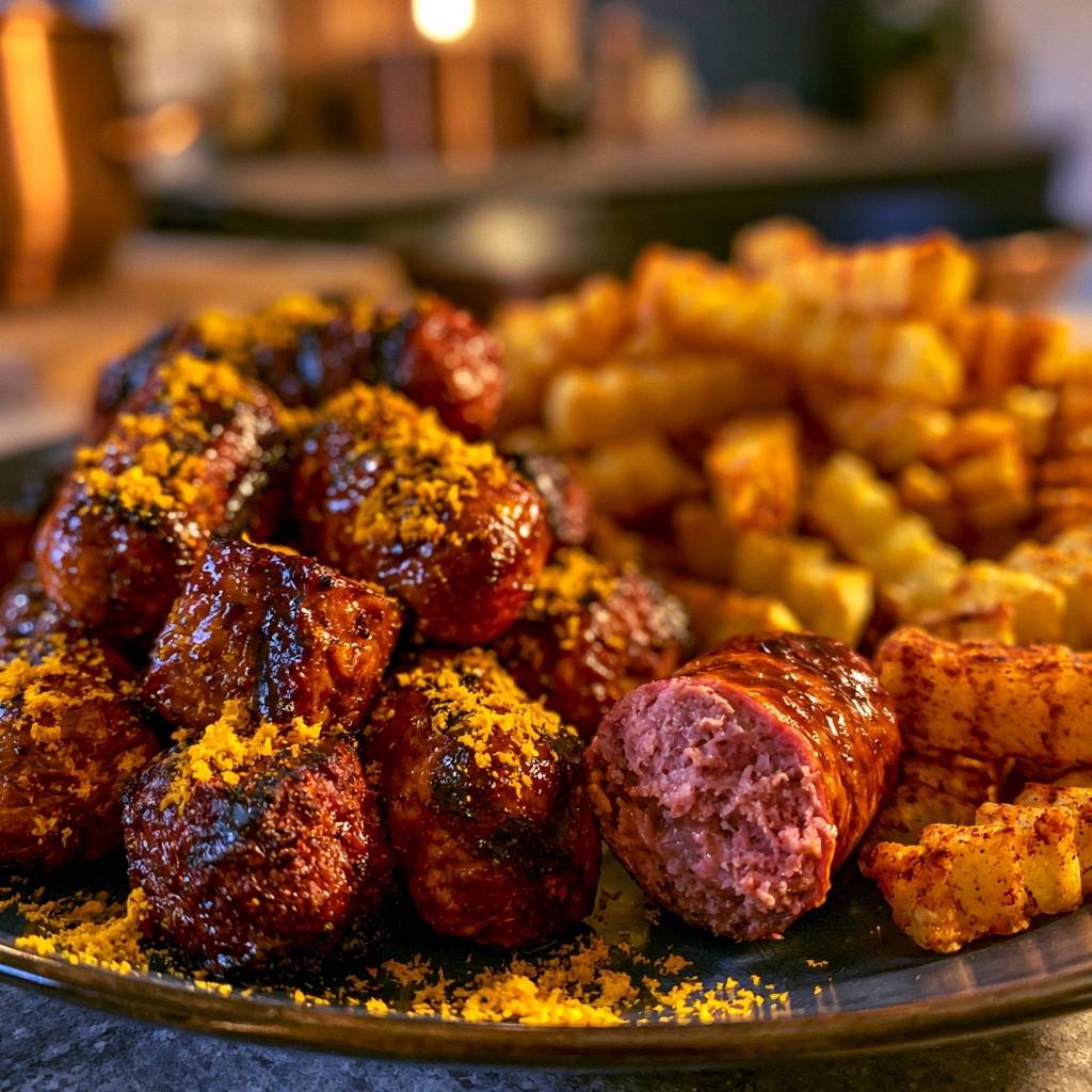 Würzige Currywurst mit Wellenschnitt-Pommes