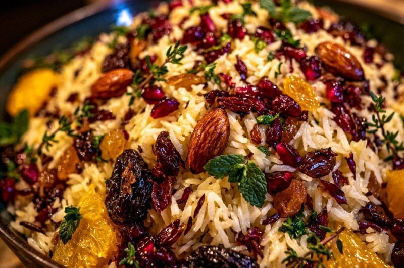 Festlicher Juwelen-Reis mit Mandeln und Früchten
