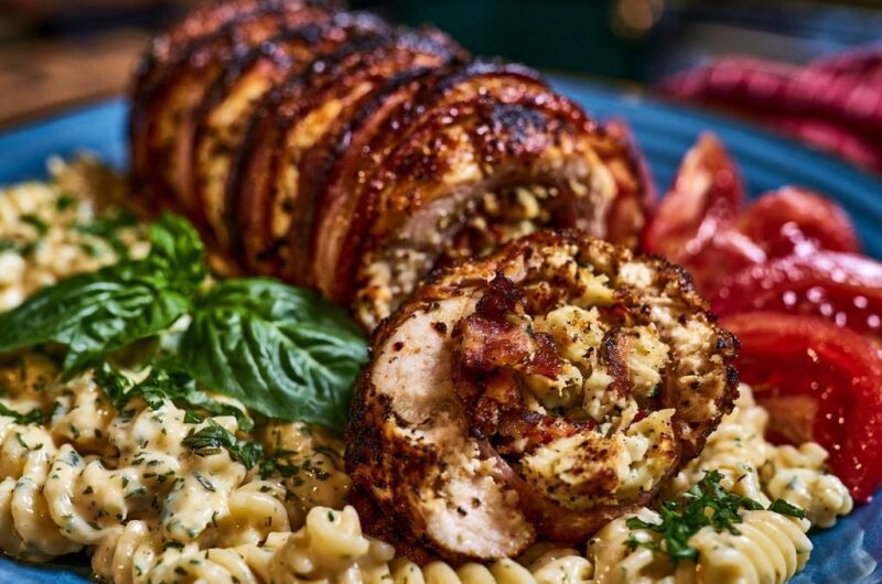 Gefüllte Hähnchenrolle im Baconmantel
