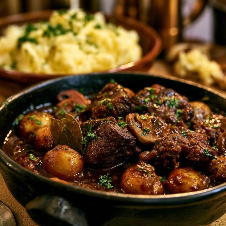 Herzhaftes Rindergulasch mit Champignons und Röstzwiebeln