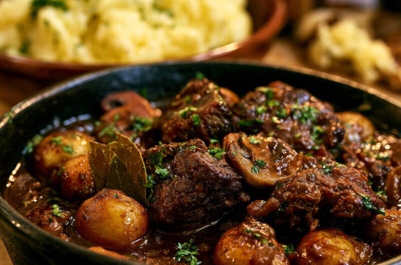 Herzhaftes Rindergulasch mit Champignons und Röstzwiebeln