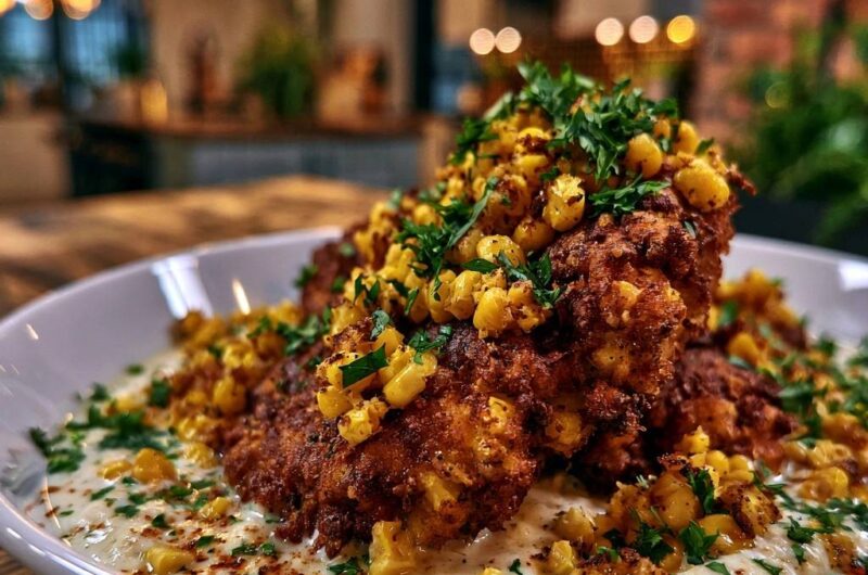 Knuspriges Mais-Hähnchen auf cremiger Sauce