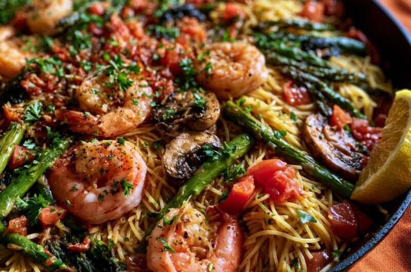 Mediterrane Garnelen-Pfanne mit Engelshaar-Pasta