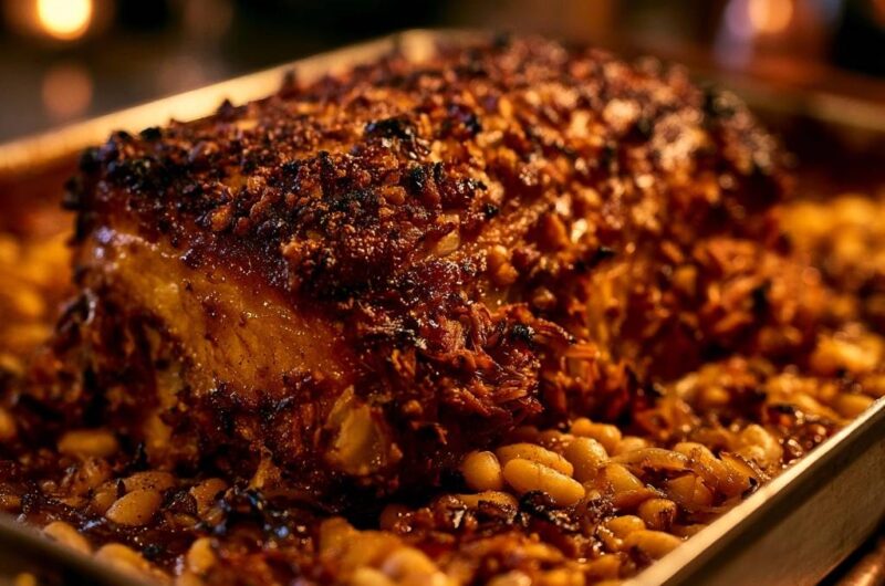 Saftiger Krustenbraten auf Bohnenbett