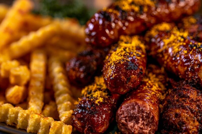 Würzige Currywurst mit Wellenschnitt-Pommes
