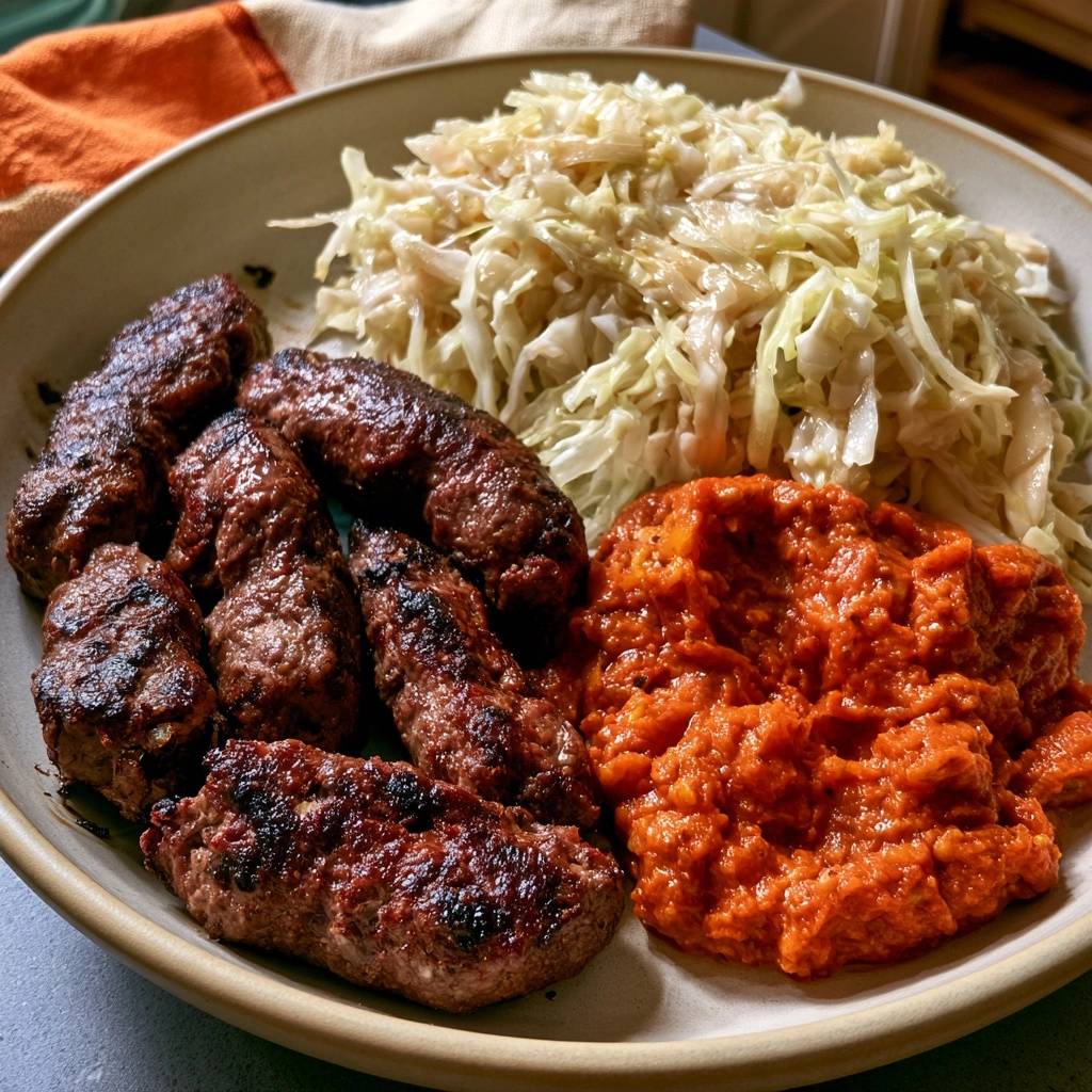 Cevapcici vom Rind mit Ajvar und Krautsalat