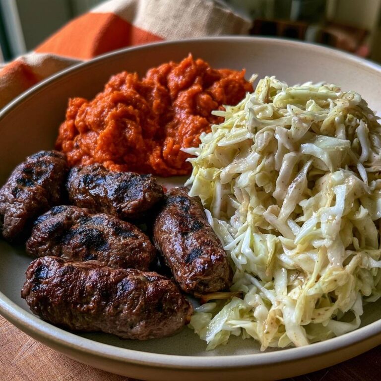 Cevapcici vom Rind mit Ajvar und Krautsalat