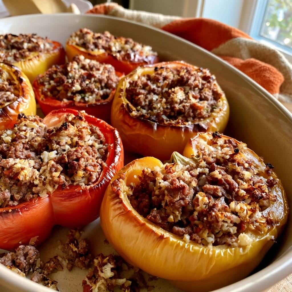 Gefüllte Paprika mit Rinderhack und Blumenkohlreis