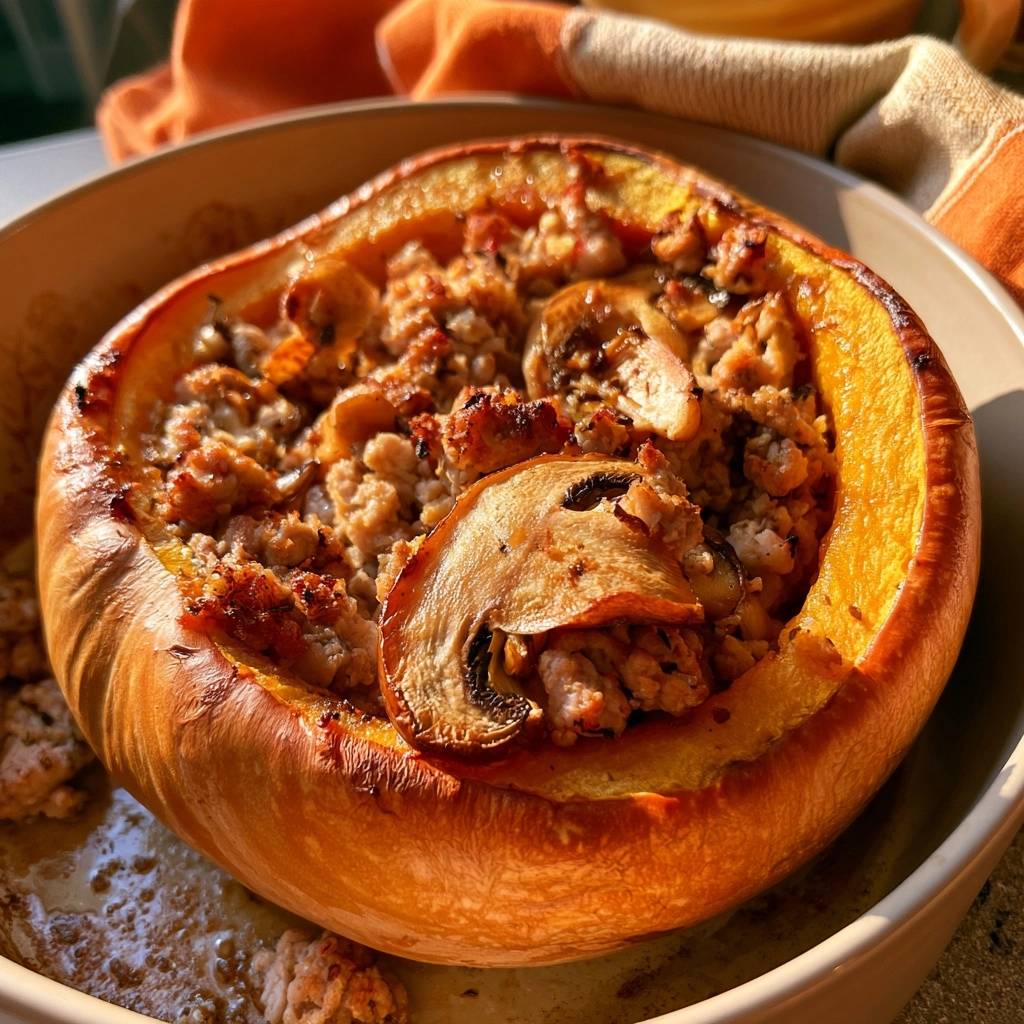 Gefüllter Hokkaido mit Putenhack und Champignons