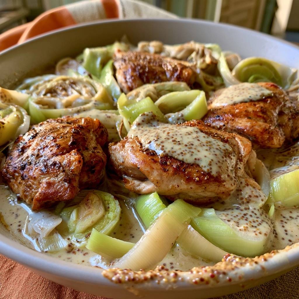 Hähnchen-Lauch-Pfanne mit cremiger Senfsoße