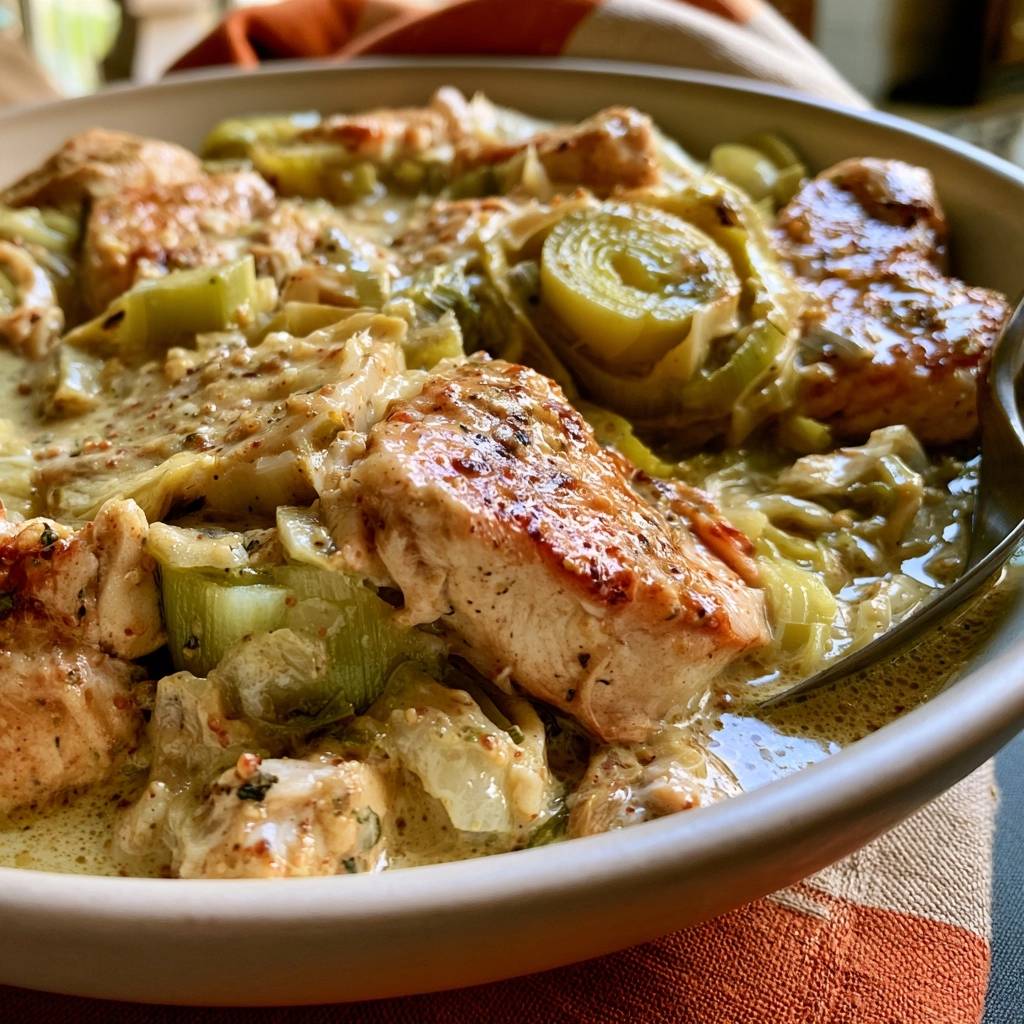 Hähnchen-Lauch-Pfanne mit Senfsoße