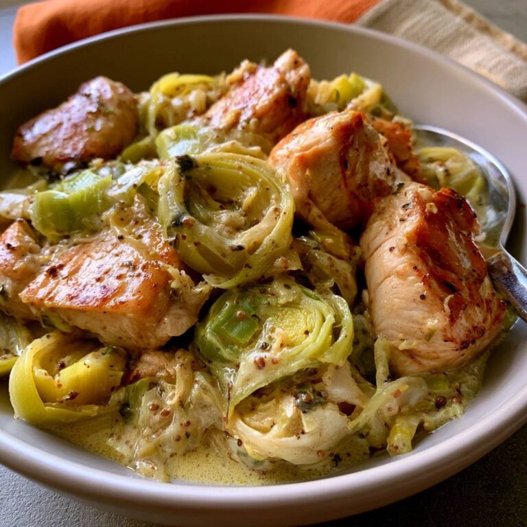 Hähnchen-Lauch-Pfanne mit Senfsoße